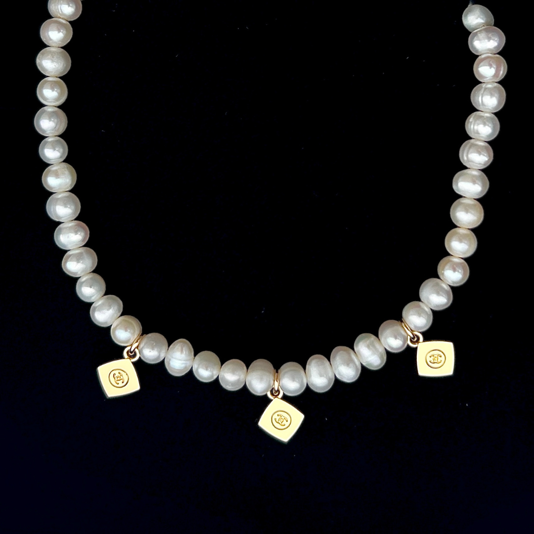 Triple Mini Diamond Logos Pearl Choker