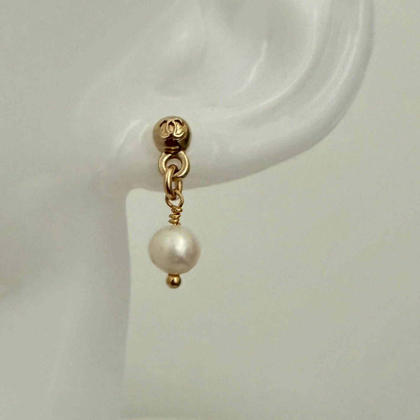 Mini Gold Logo Earrings with Pearl Drop