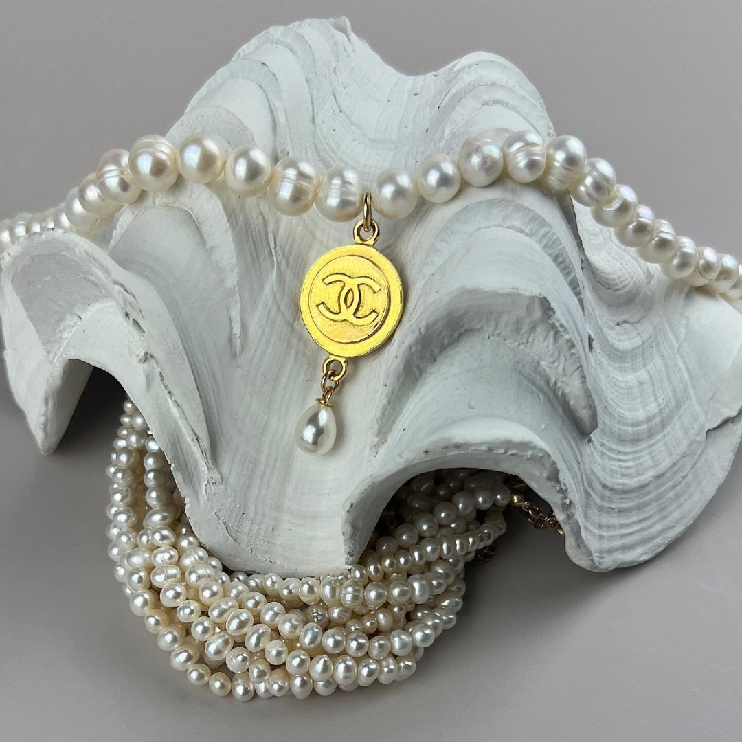 Large Gold Medallion Pearl Choker
