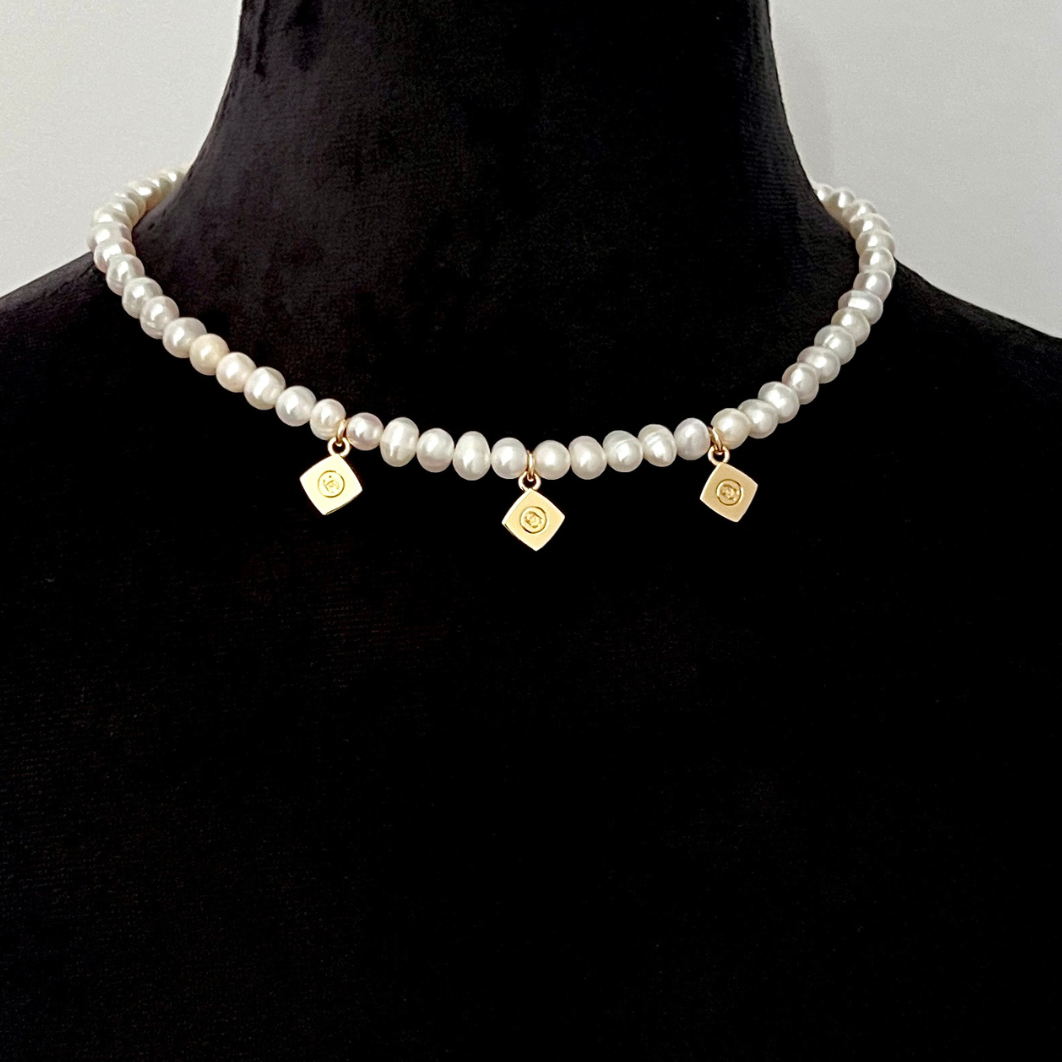 Triple Mini Diamond Logos Pearl Choker