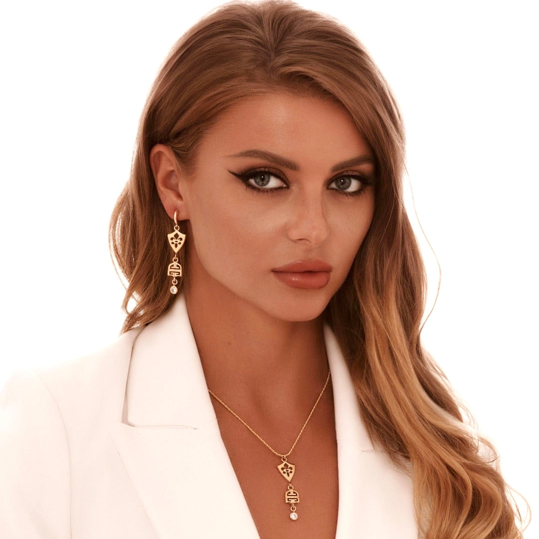 Statement Gold Logo Earrings with Crystal Drop
