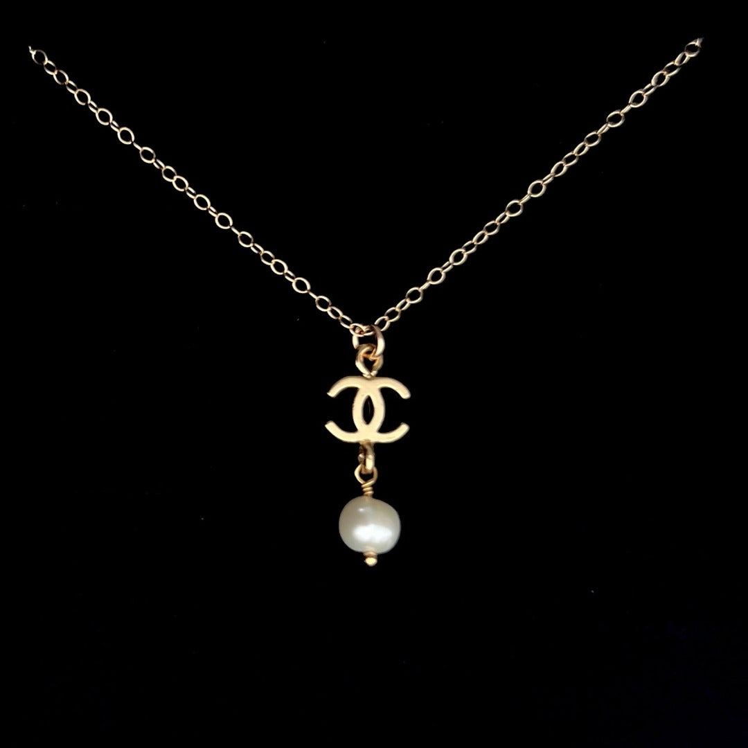 Small Light Gold Logo Necklace with Pearl Drop