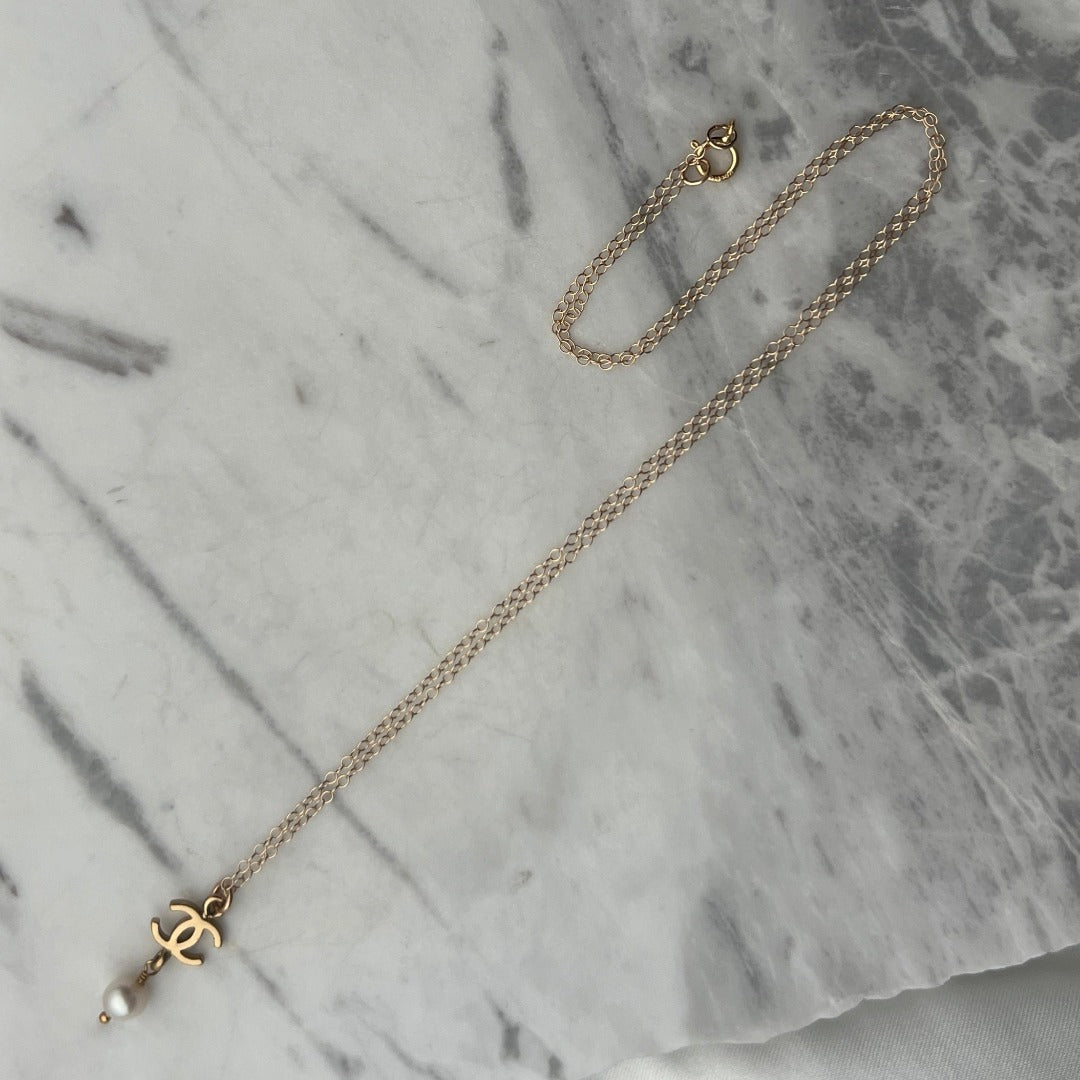 Small Light Gold Logo Necklace with Pearl Drop