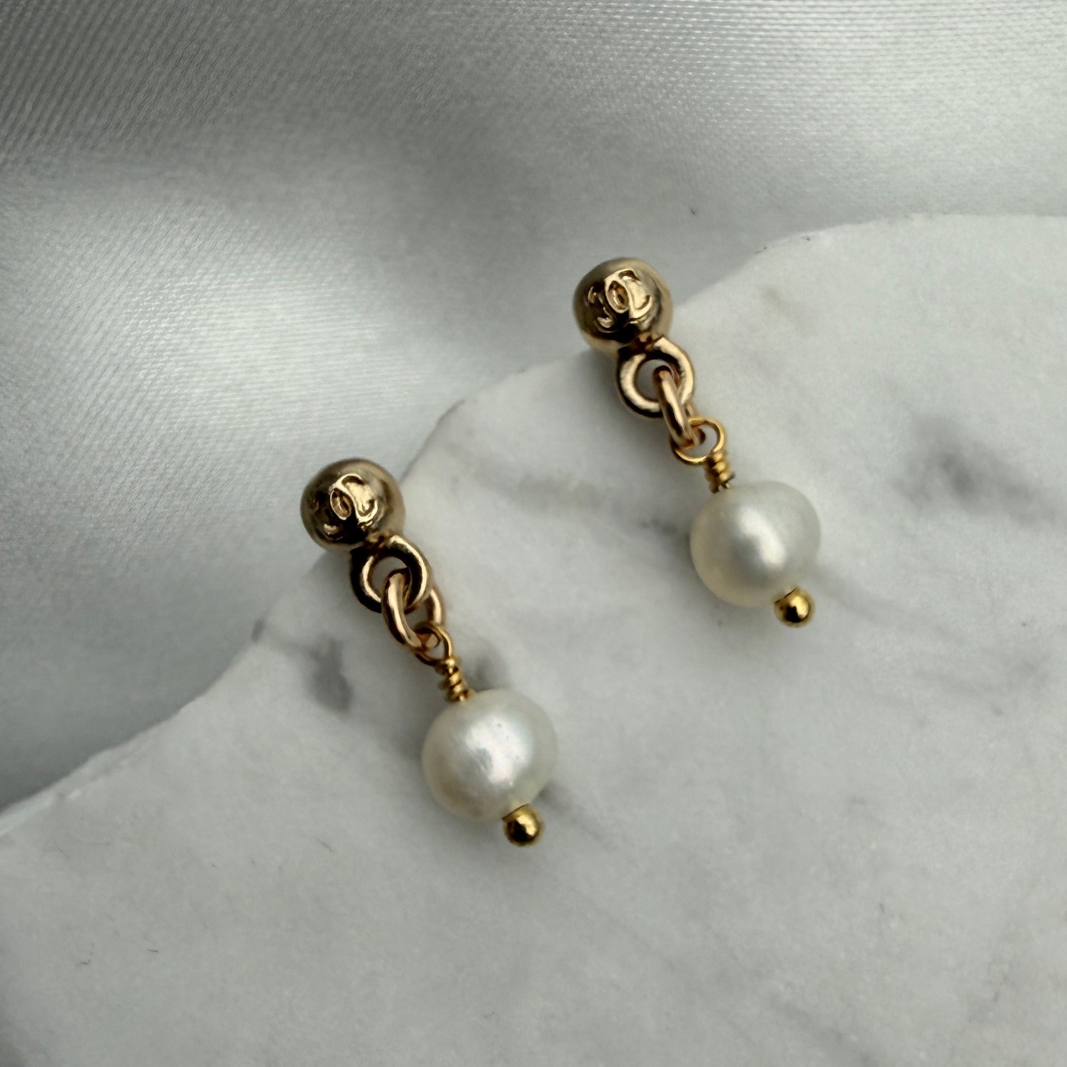 Mini Gold Logo Earrings with Pearl Drop