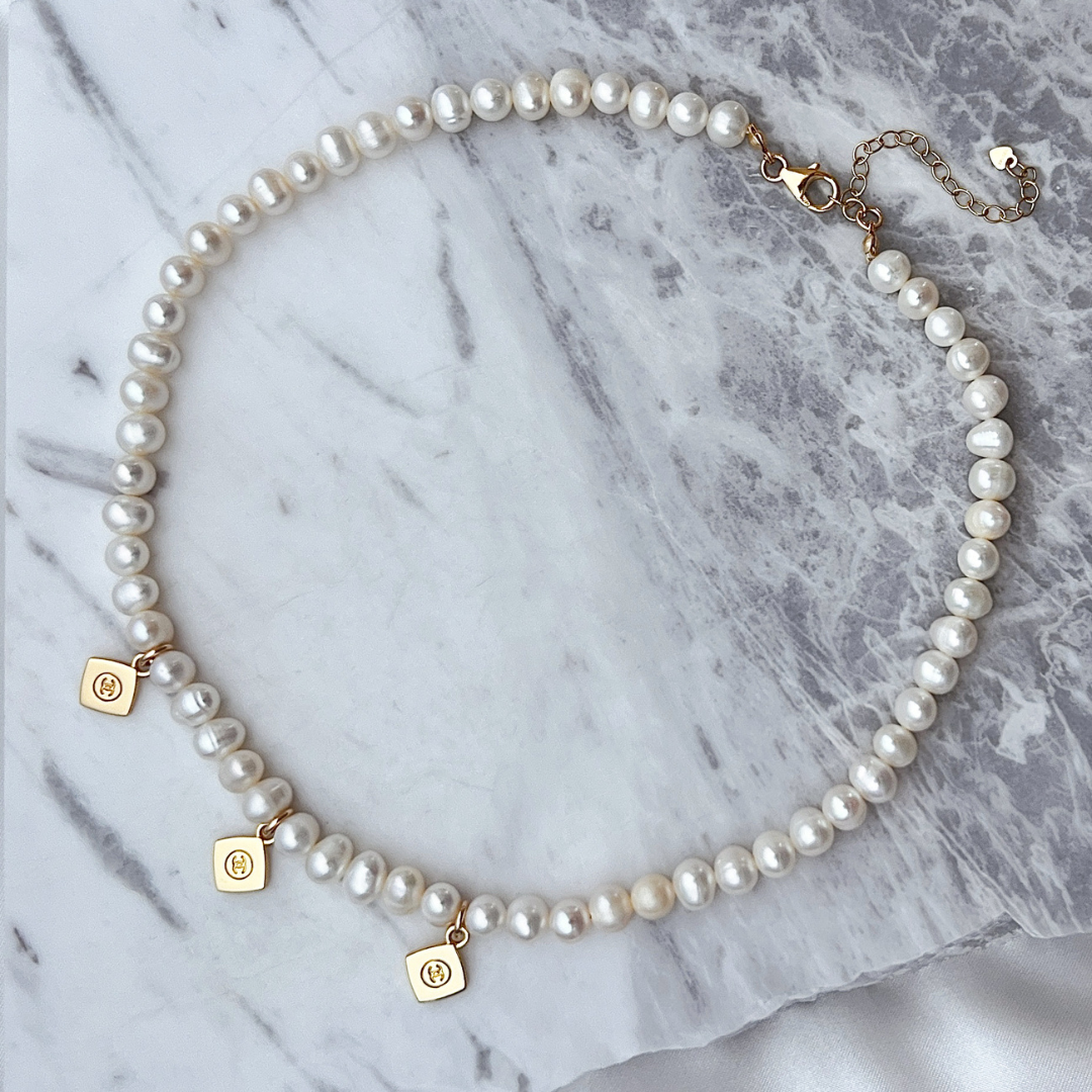 Triple Mini Diamond Logos Pearl Choker