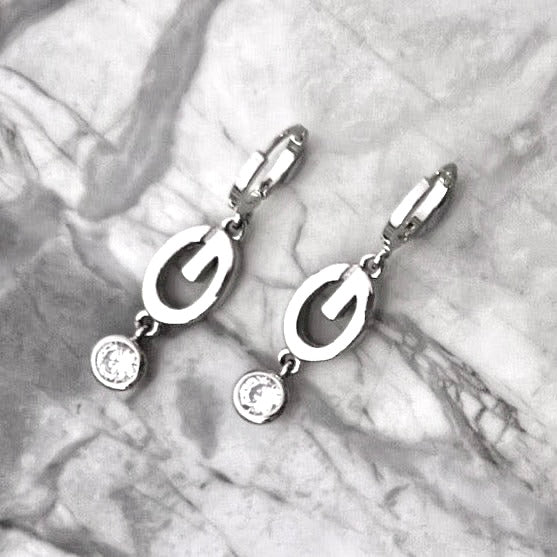 Silver Logo Earrings with Crystal Drops