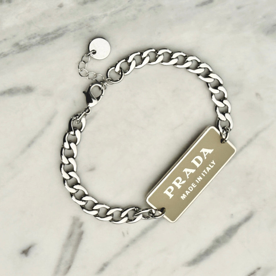 Beige & Silver Rectangular Logo Bracelet