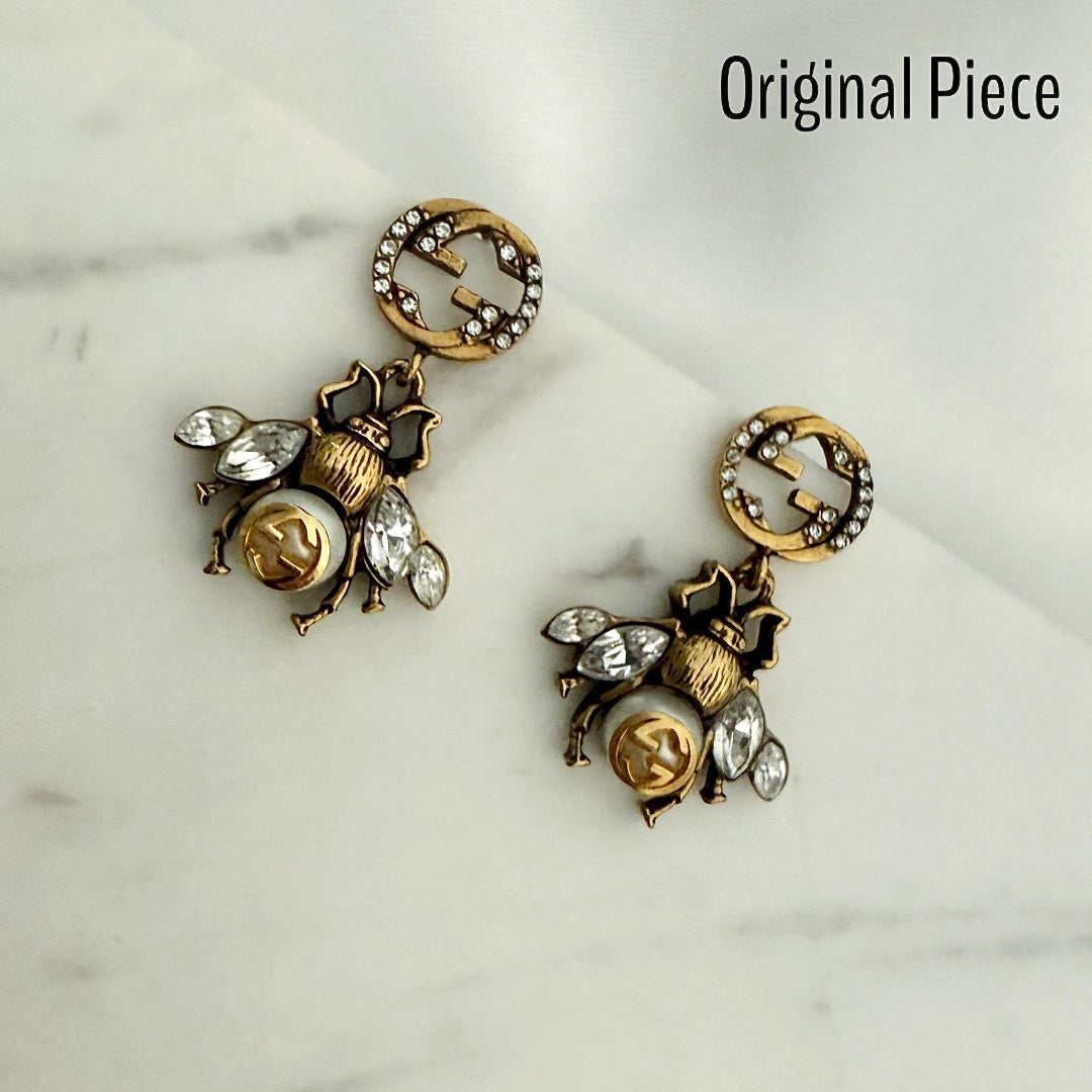 Gold Logo Earrings with Crystal Drop