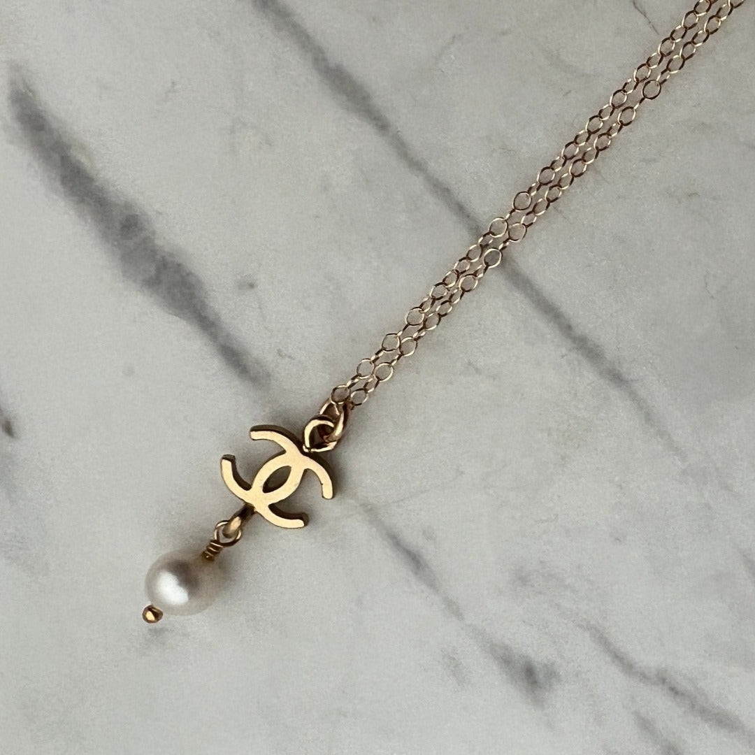 Small Light Gold Logo Necklace with Pearl Drop