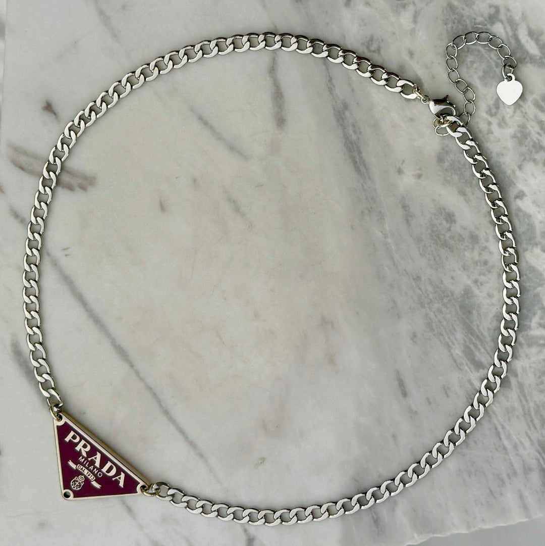 Small Dark Cherry & Silver Triangular Logo Choker