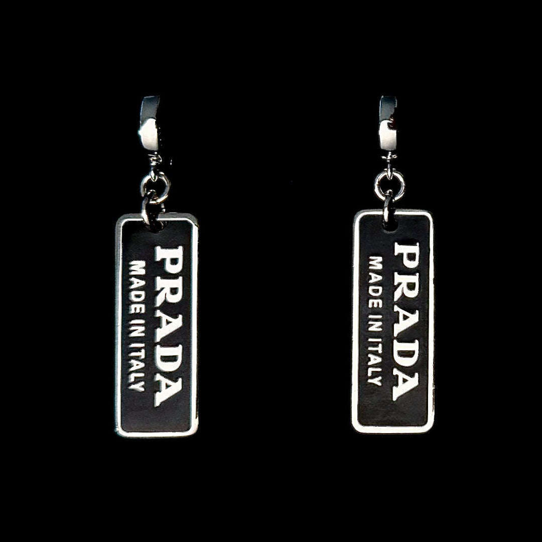 Small Black & Silver Rectangular Logo Earrings