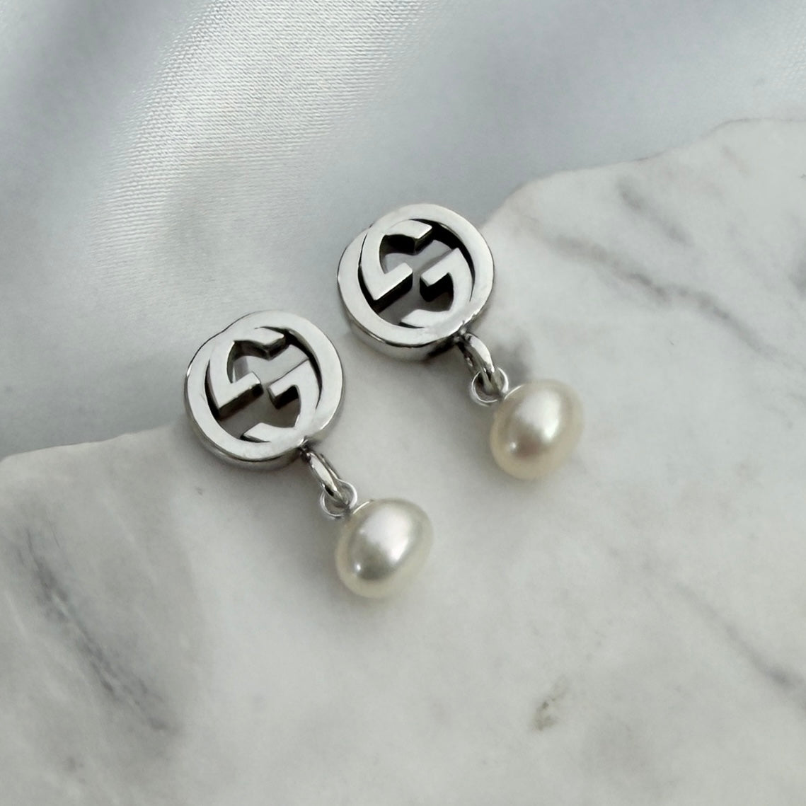 Sterling Silver Logo Earrings with Pearl Drop