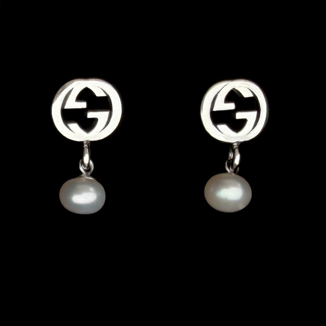 Sterling Silver Logo Earrings with Pearl Drop