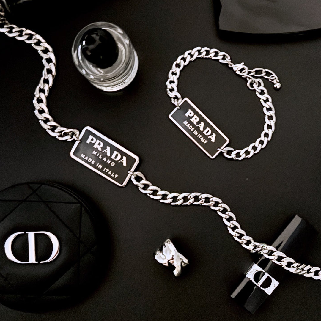 Small Black & Silver Rectangular Logo Bracelet