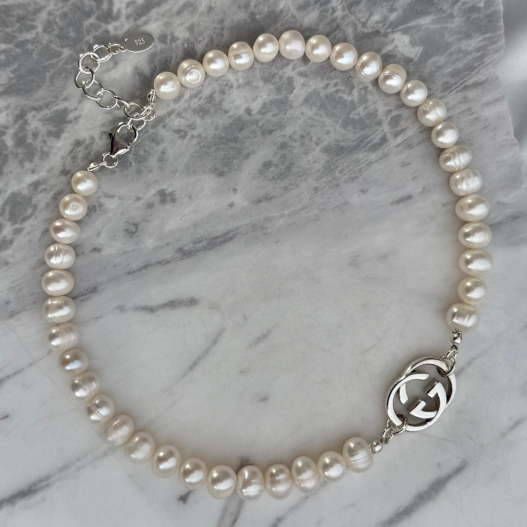 Large Silver Logo Pearl Choker