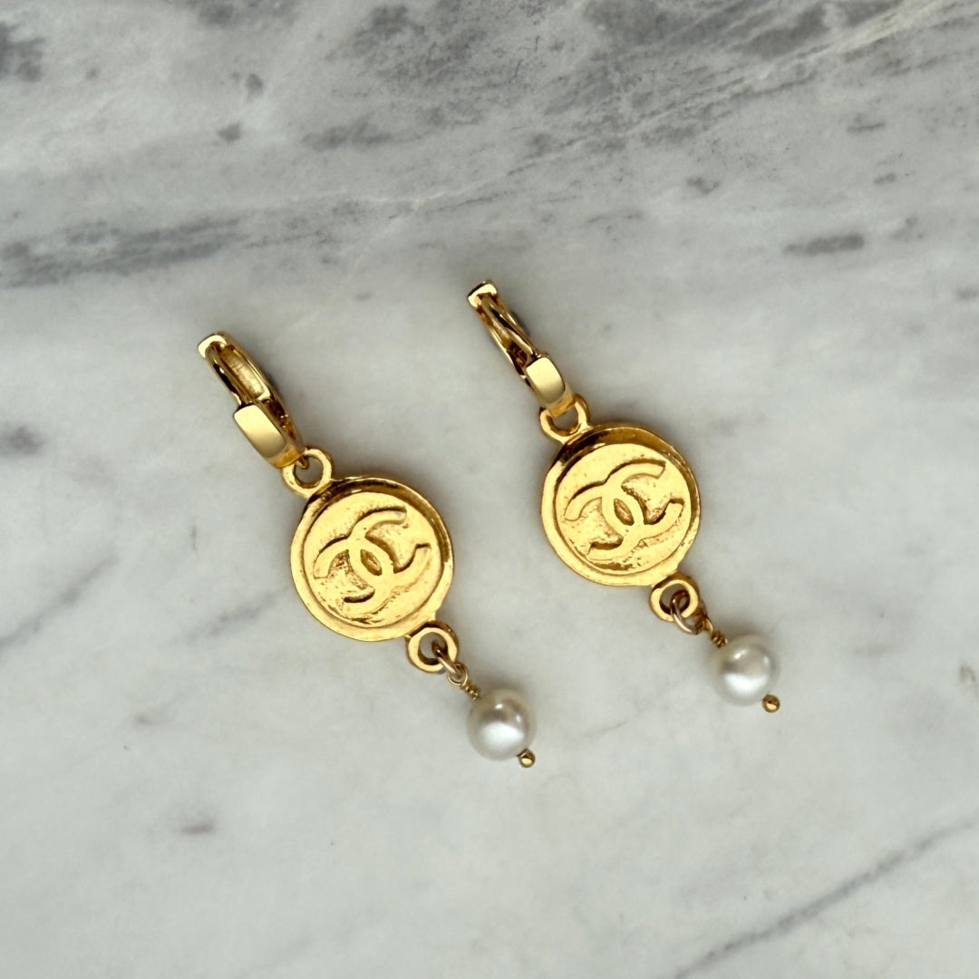 Gold Medallion Earrings with Pearl Drop