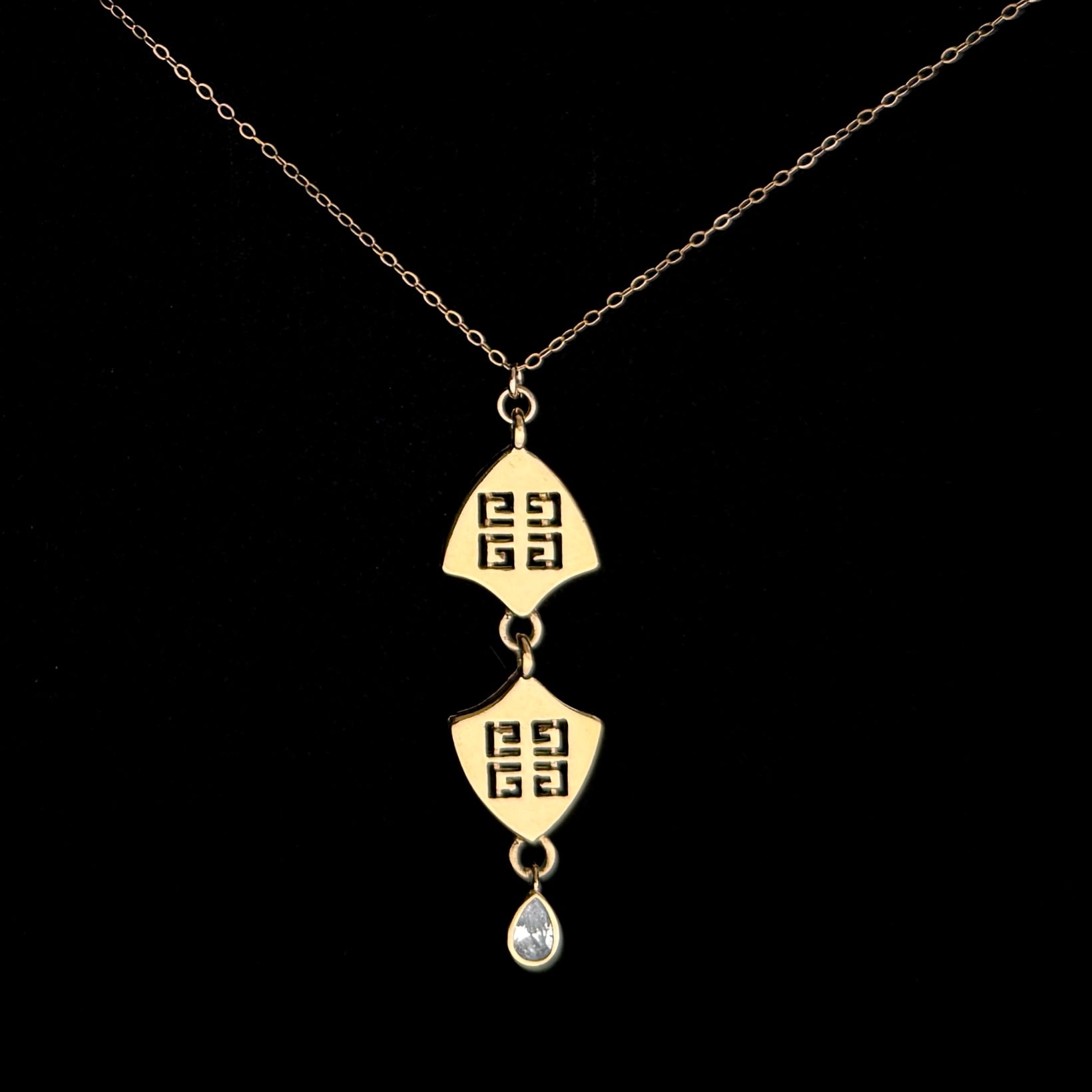 Statement Gold Double Logo Necklace with Crystal Drop