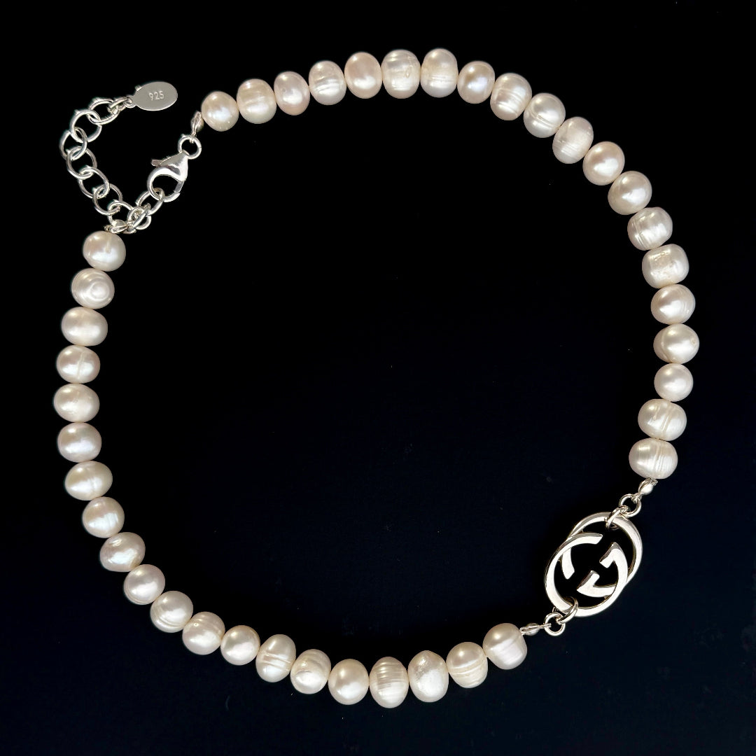 Large Silver Logo Pearl Choker