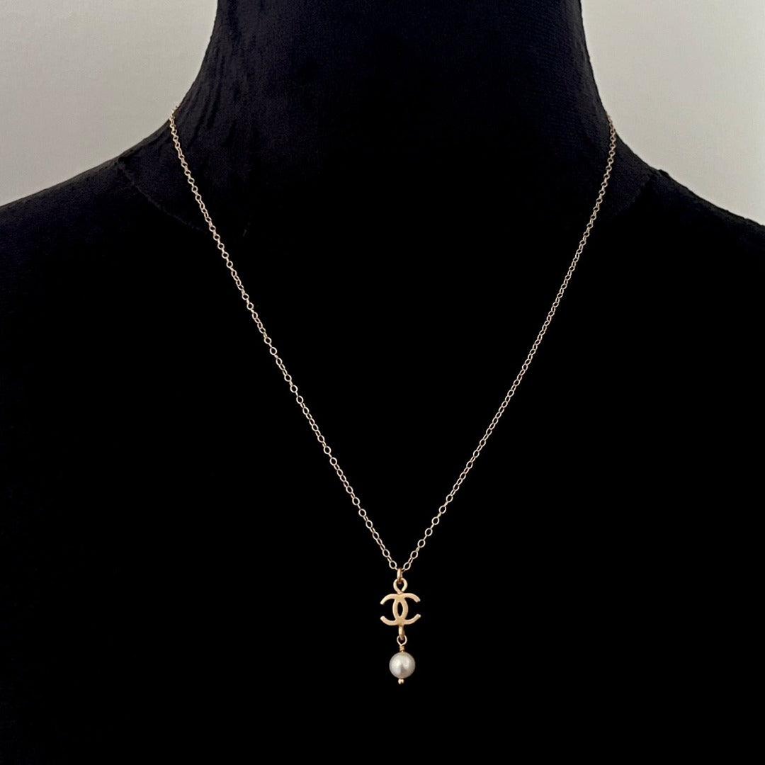 Small Light Gold Logo Necklace with Pearl Drop