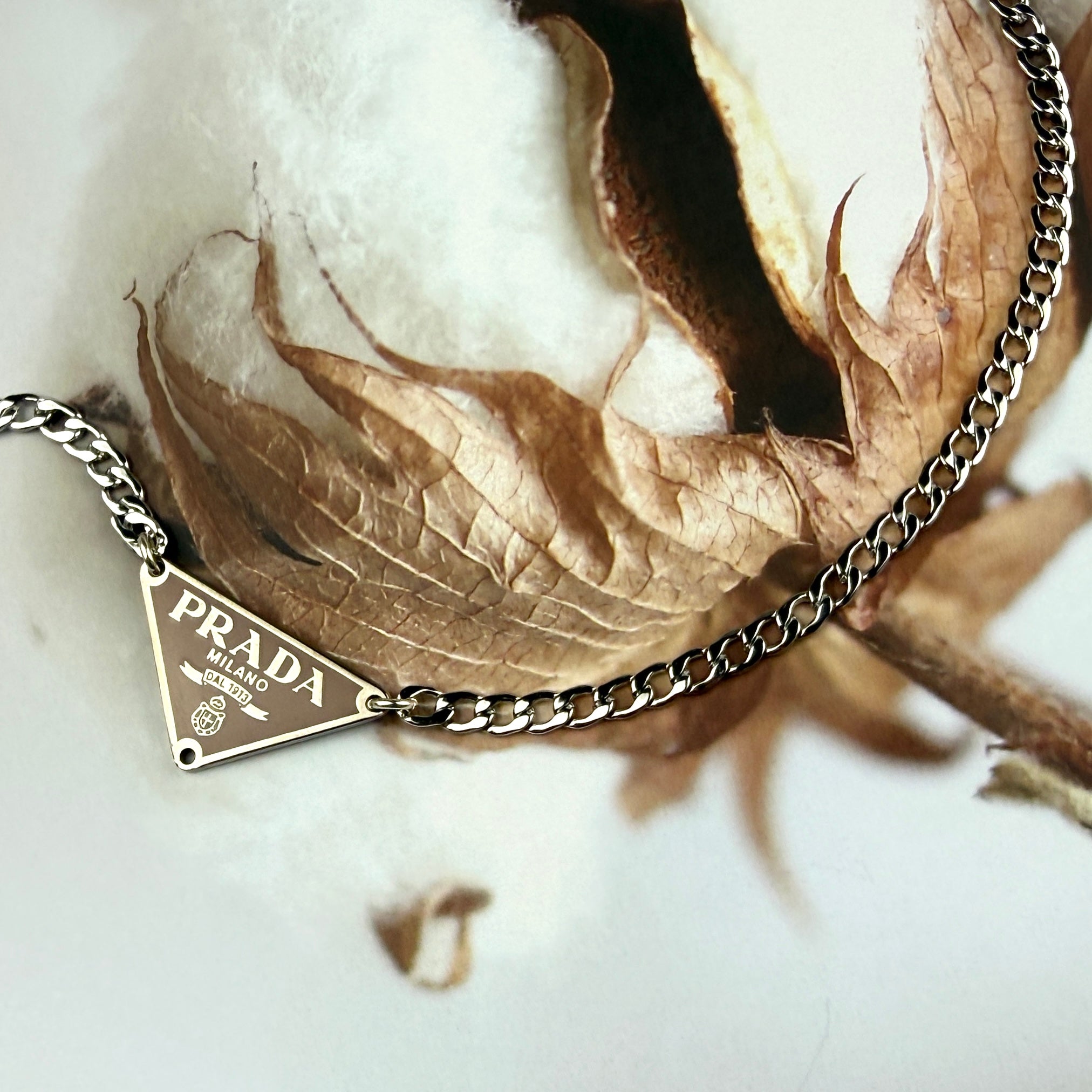 Small Tan & Silver Triangular Logo Choker