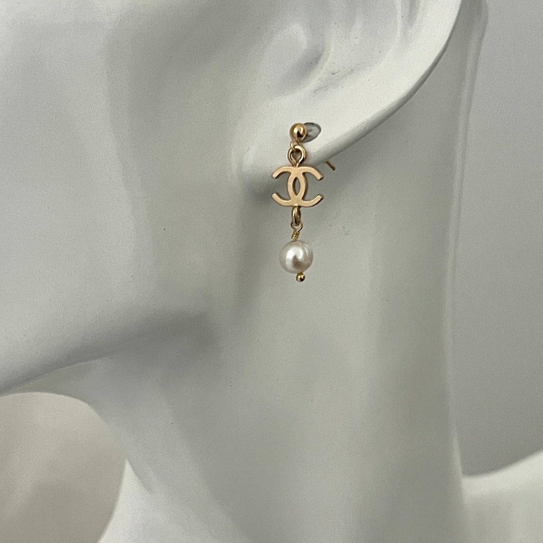 Small Light Gold Logo Earrings with Pearl Drops