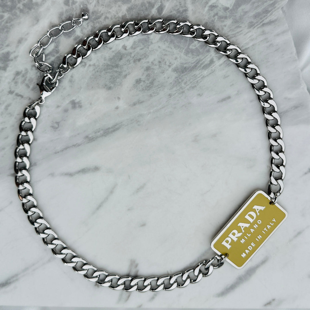 Yellow & Silver Rectangular Logo Necklace