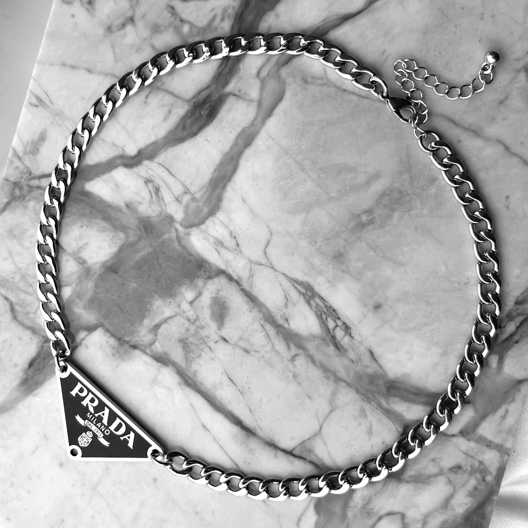 Small Black & Silver Triangular Logo Choker