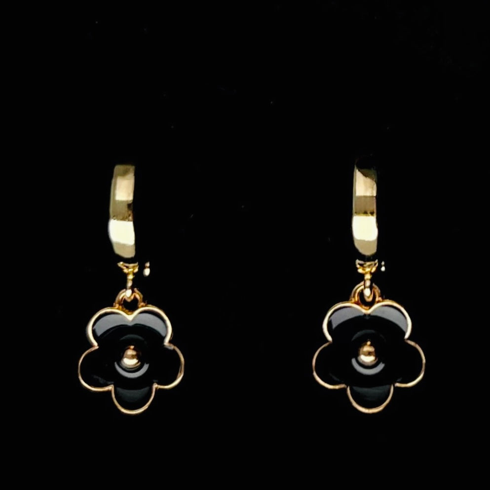 Gold Hoops with Black Flowers