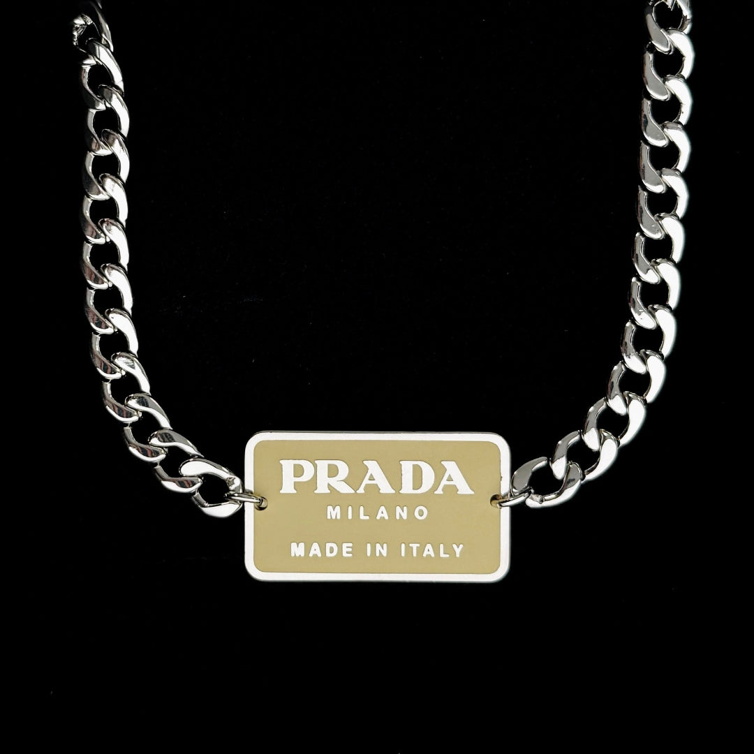 Yellow & Silver Rectangular Logo Necklace