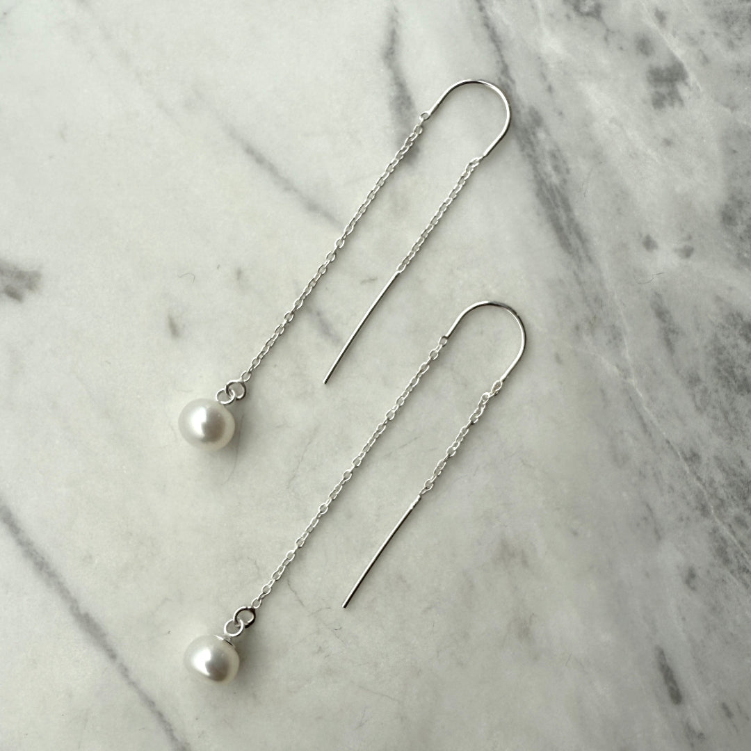 Sterling Silver Pearl Drop Ear Thread Earrings