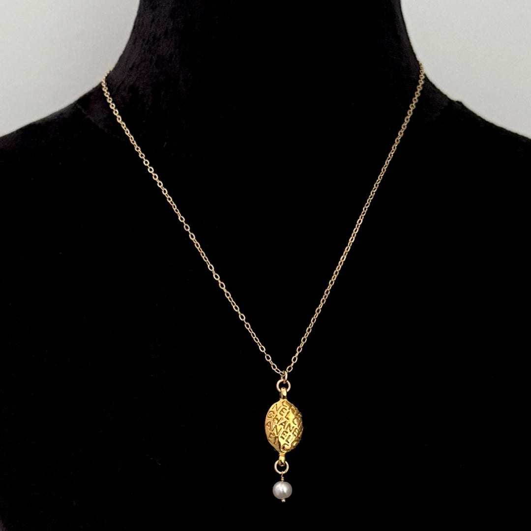 Gold Oval Printed Necklace with Pearl Drop