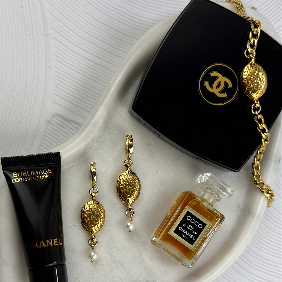Gold Oval Printed Earrings with Pearl Drop