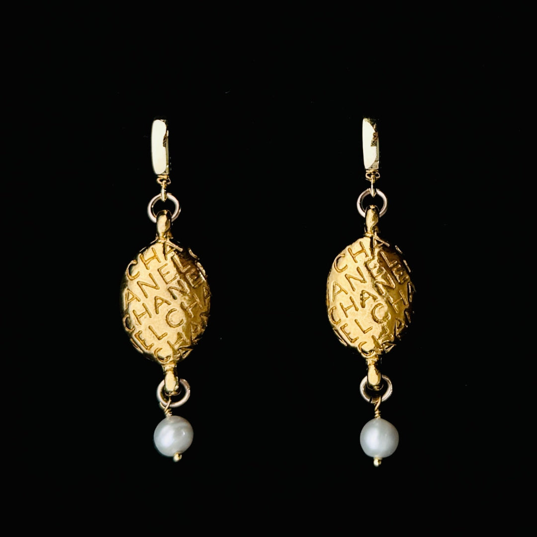 Gold Oval Printed Earrings with Pearl Drop