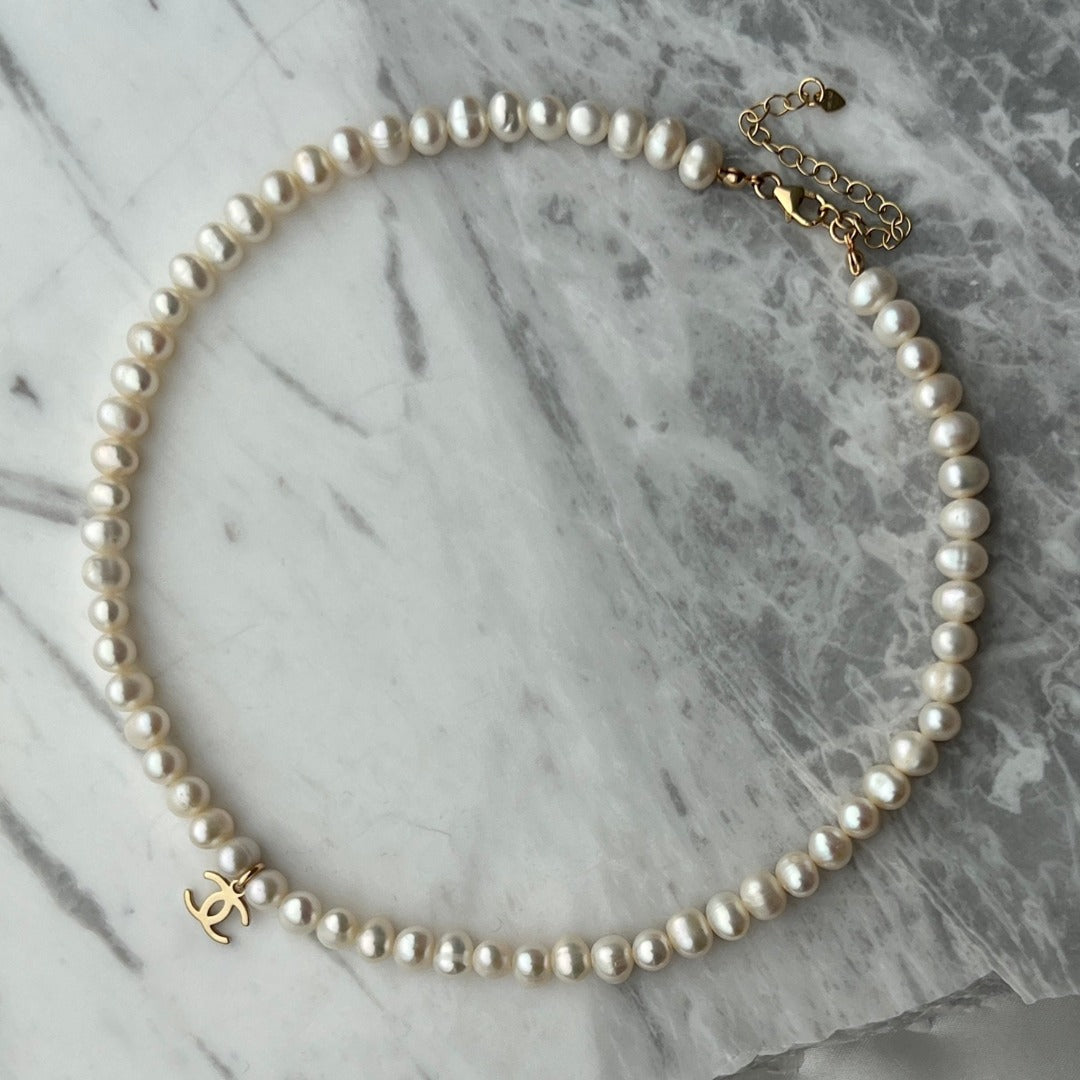 Pearl Choker with Mini Gold Logo Necklace