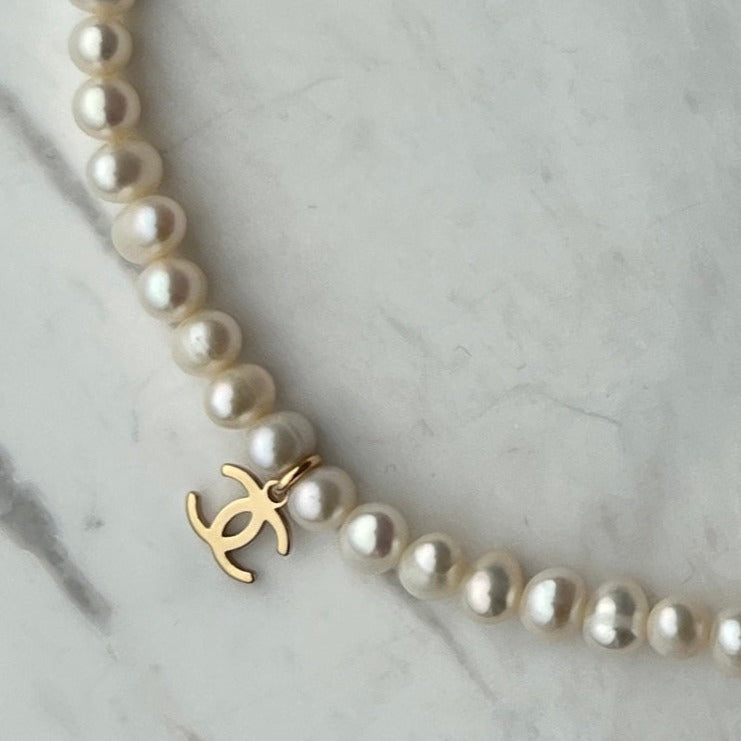 Pearl Choker with Mini Gold Logo Necklace