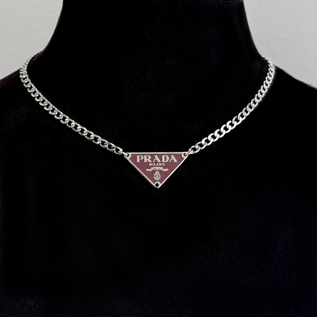 Small Dark Cherry & Silver Triangular Logo Choker