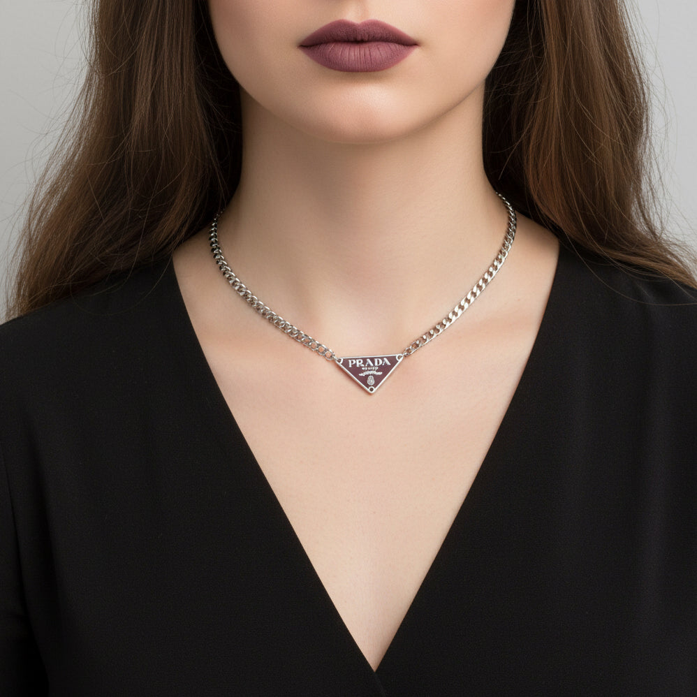 Small Plum & Silver Triangular Logo Choker