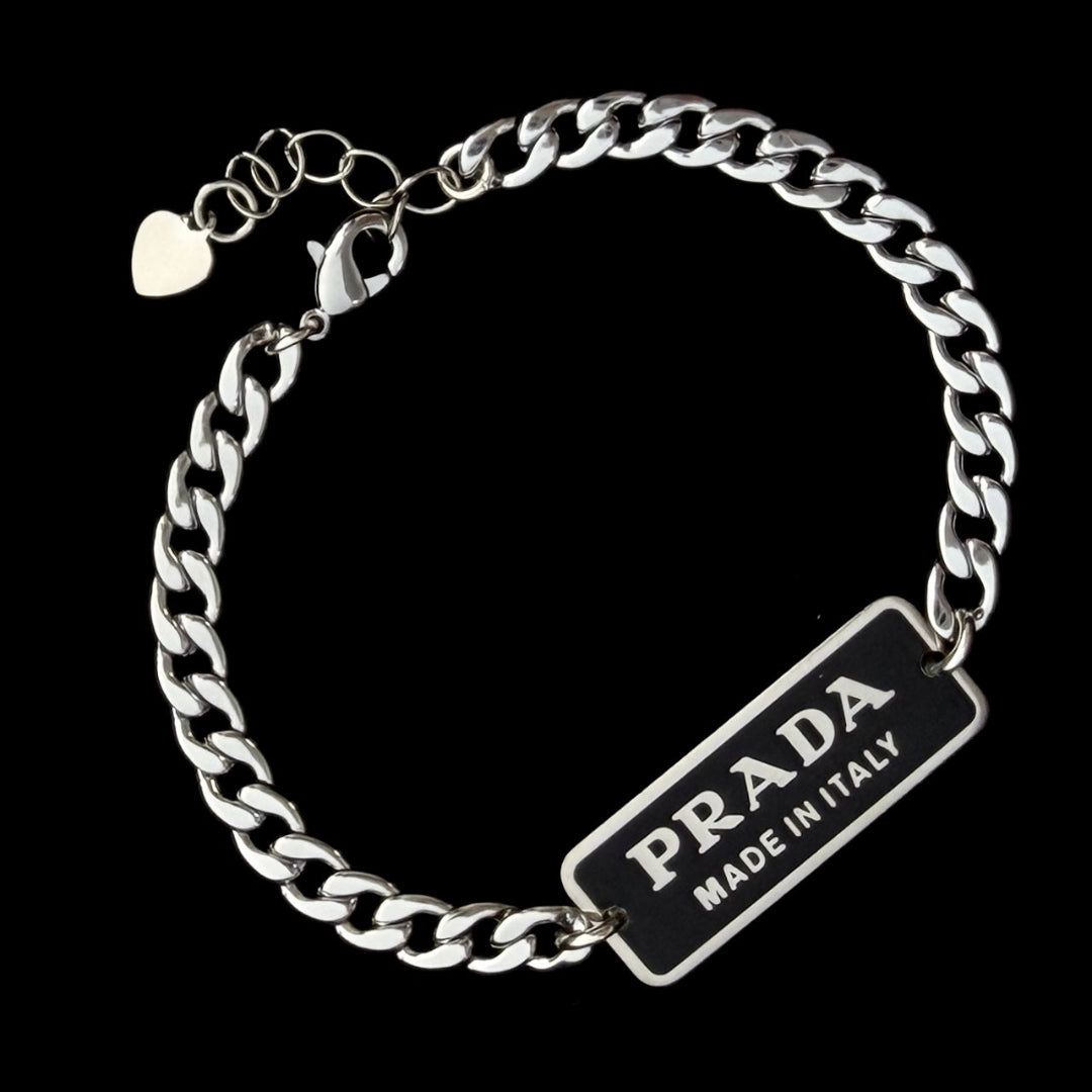 Small Black & Silver Rectangular Logo Bracelet
