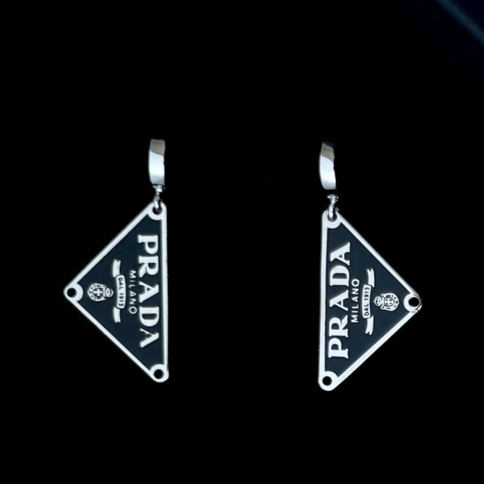 Triangular Black & Silver Logo Earrings