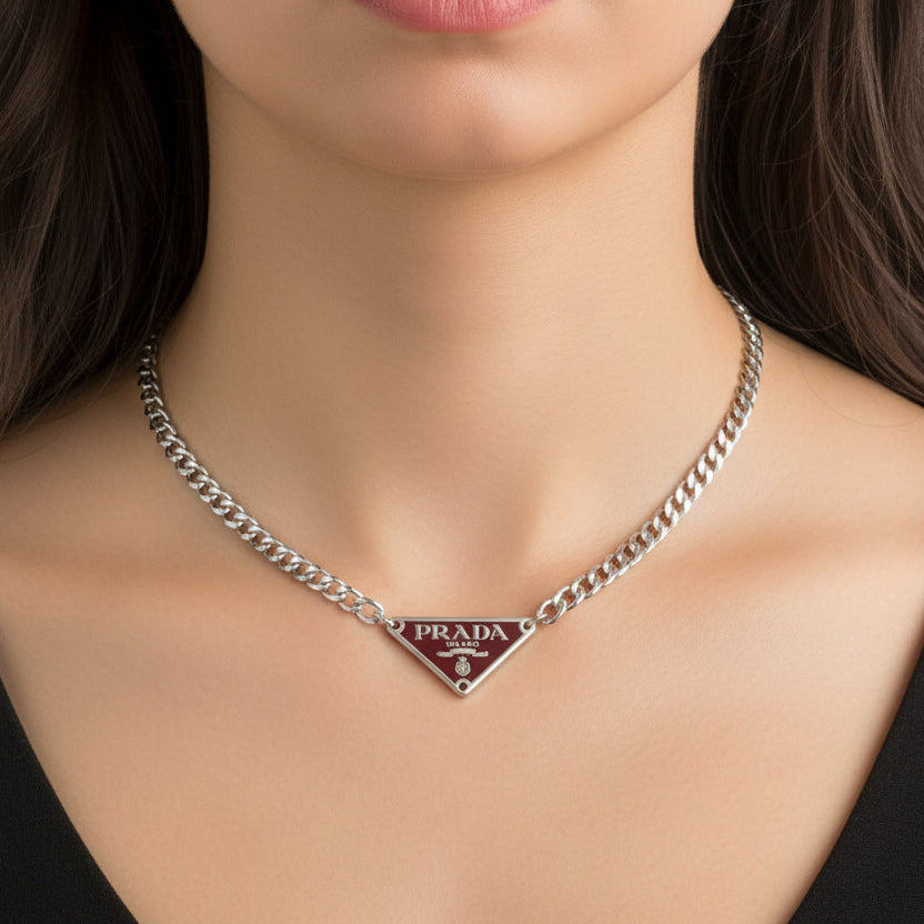 Cherry & Silver Triangular Logo Choker