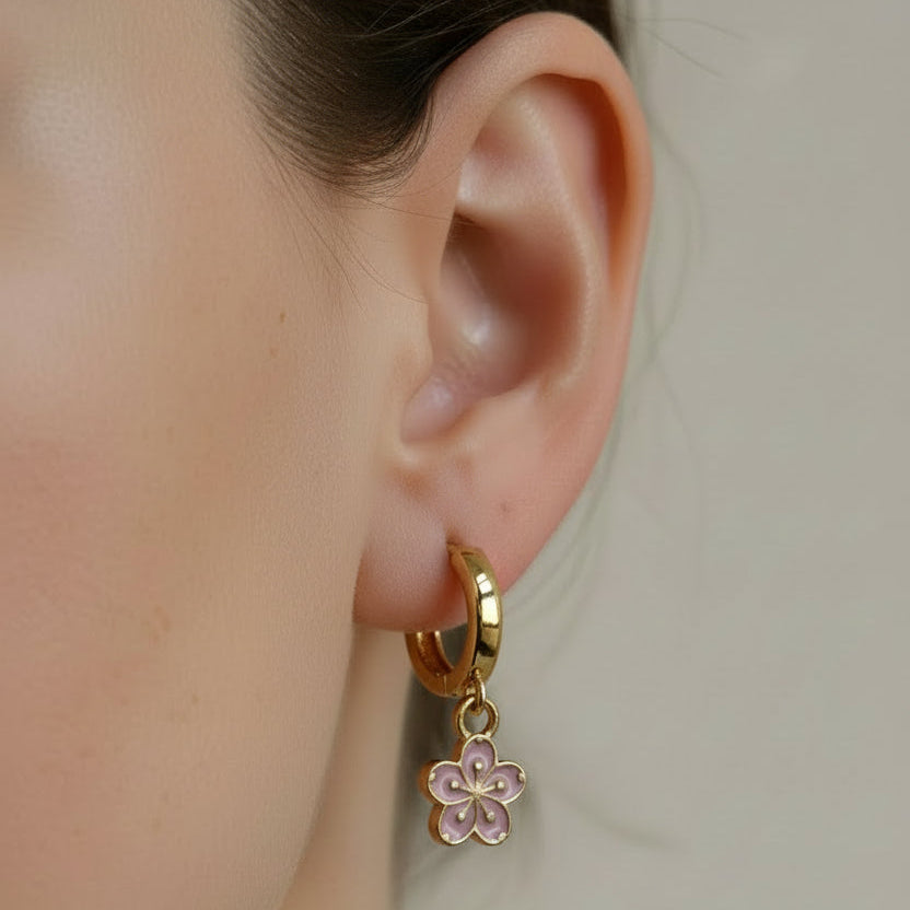Gold Hoops with Pink Flowers