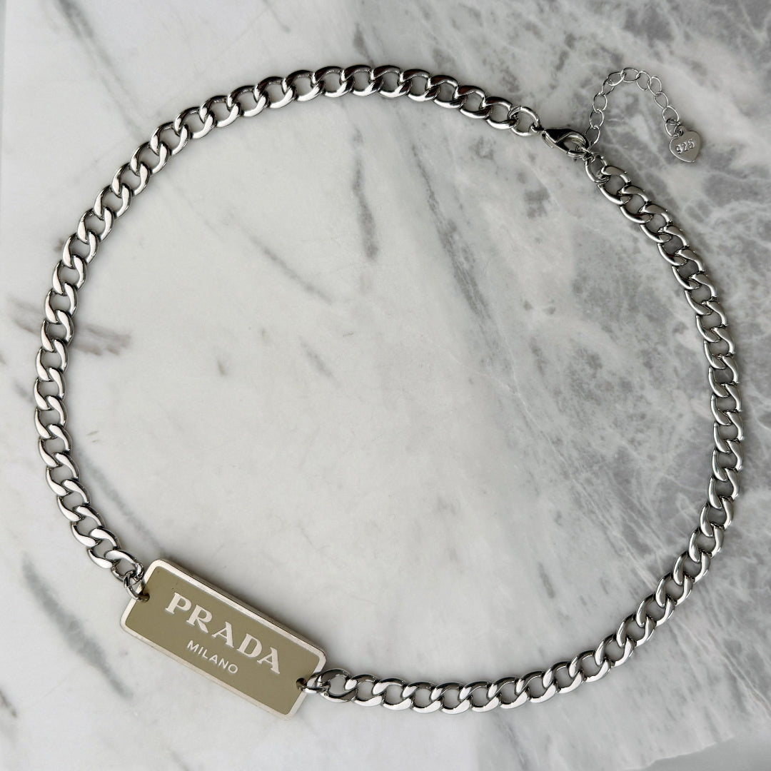 Beige & Silver Rectangular Logo Choker
