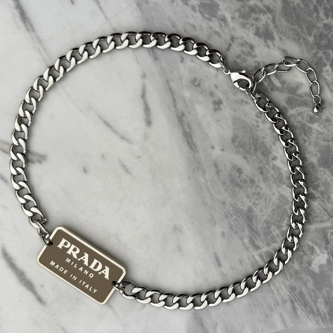 Large Latte & Silver Rectangular Logo Choker