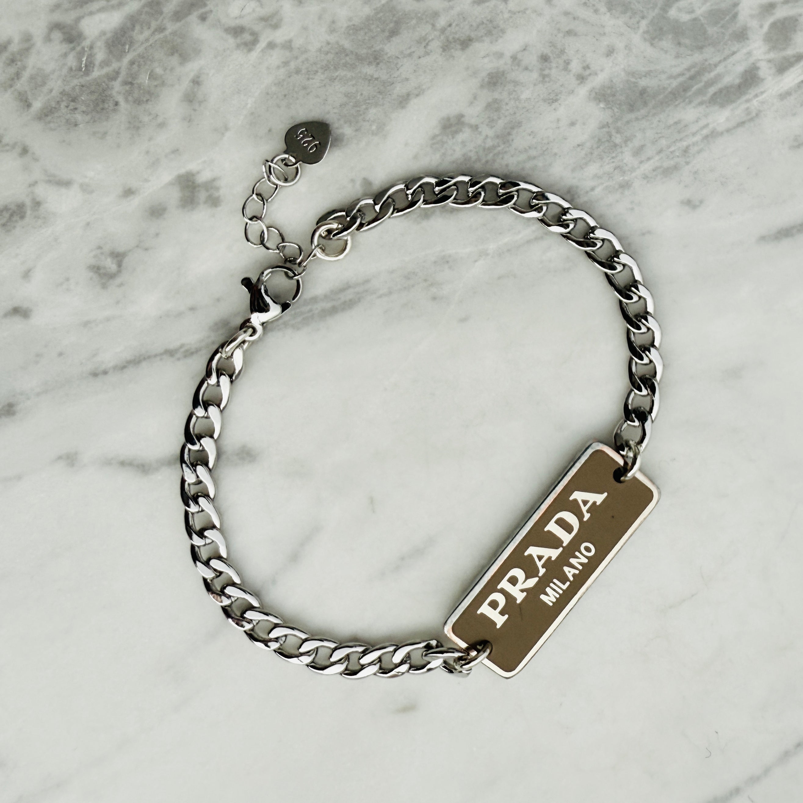 Small Beige & Silver Rectangular Logo Bracelet