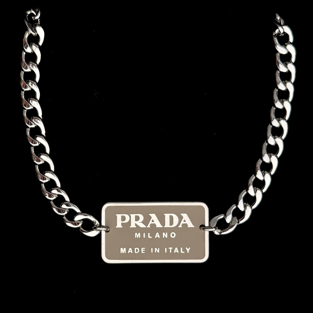 Large Latte & Silver Rectangular Logo Choker