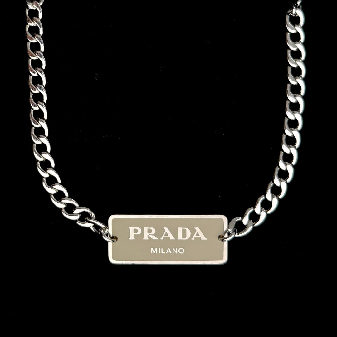 Beige & Silver Rectangular Logo Choker