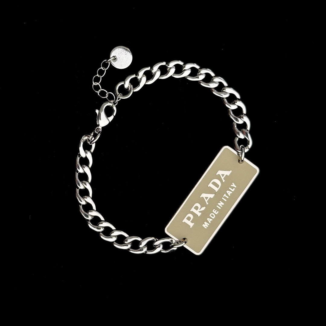Beige & Silver Rectangular Logo Bracelet