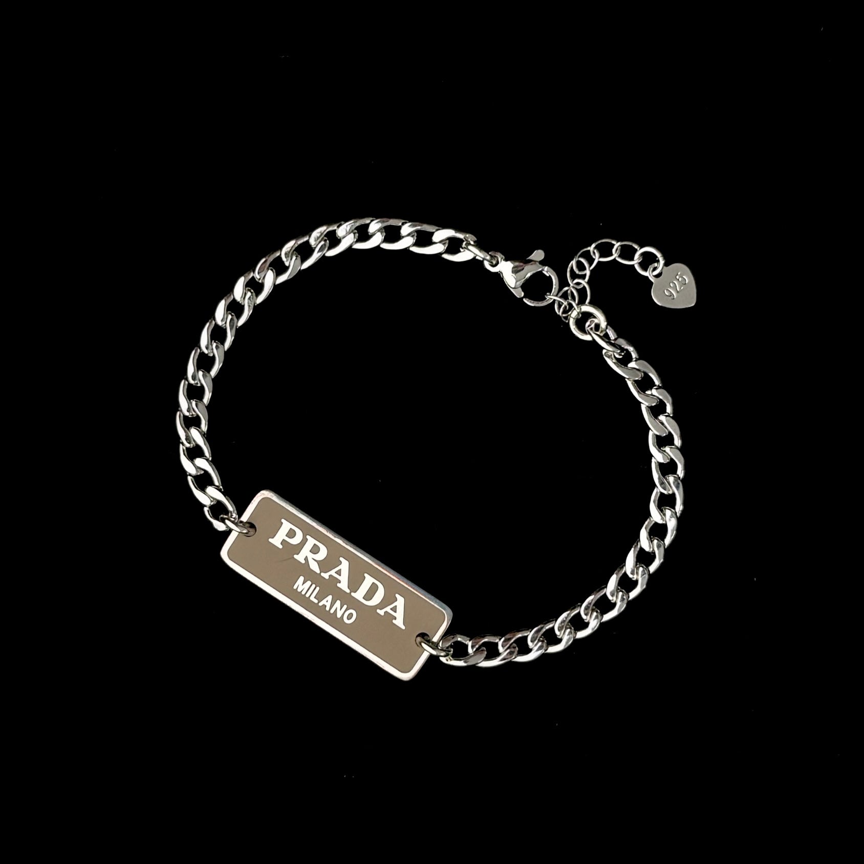 Small Beige & Silver Rectangular Logo Bracelet