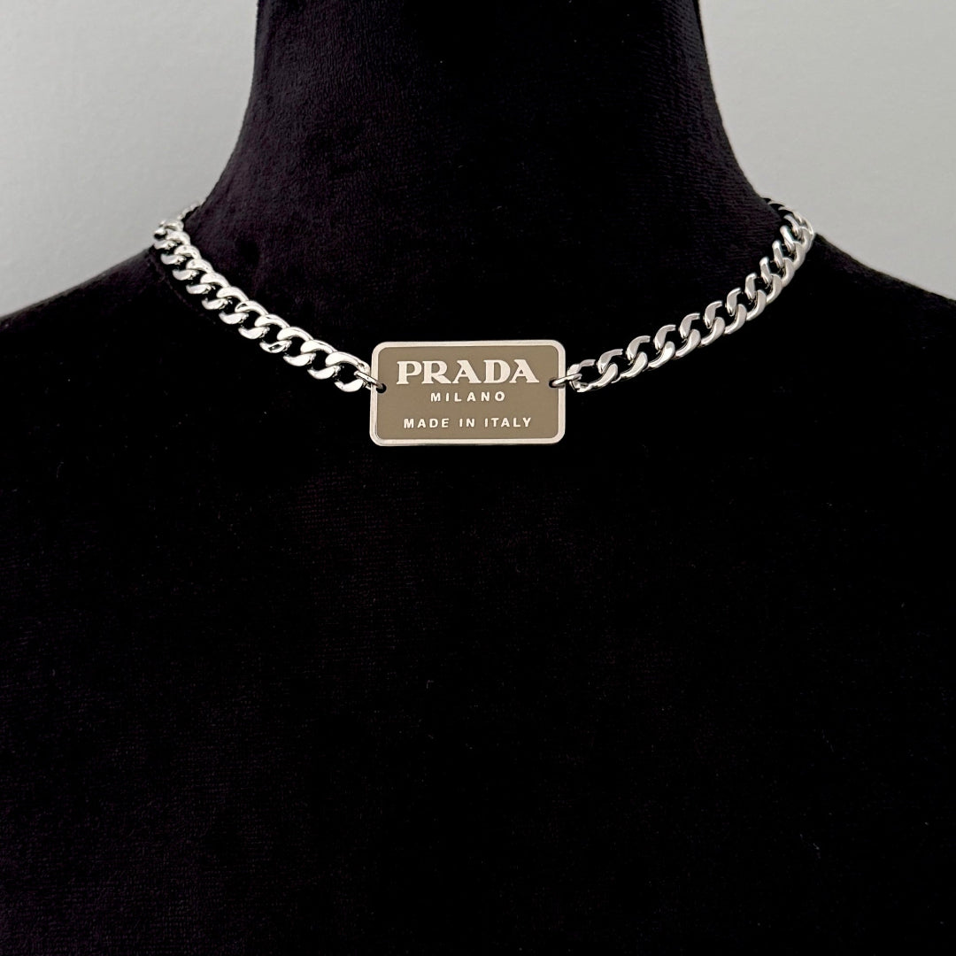 Large Latte & Silver Rectangular Logo Choker