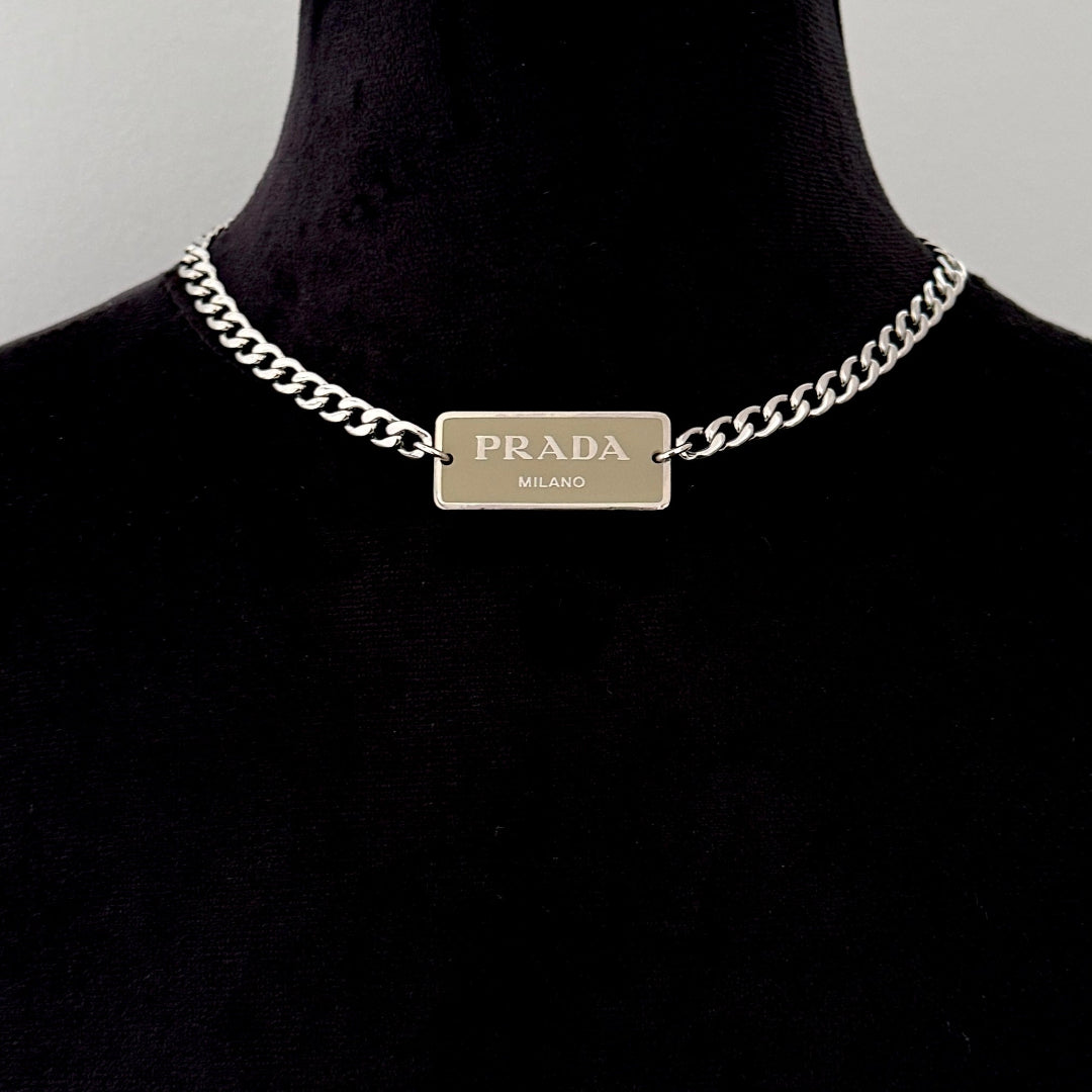 Beige & Silver Rectangular Logo Choker